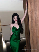 Vintage Mermaid Spaghetti Straps Green Satin Long Birthday Dress Prom Dresses